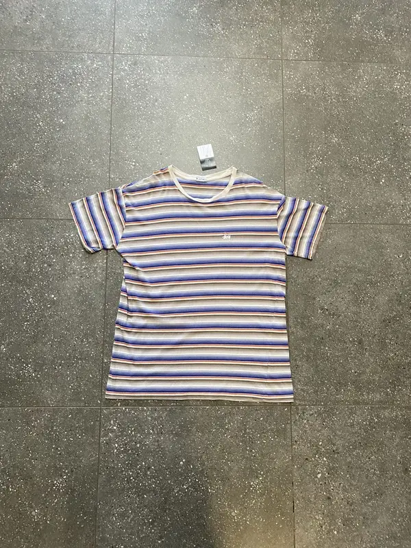 Stussy Vintage Beige & Blue Striped Stussy Tshirt - Medium