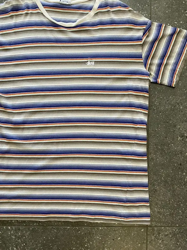 Vintage Beige & Blue Striped Stussy Tshirt - Medium