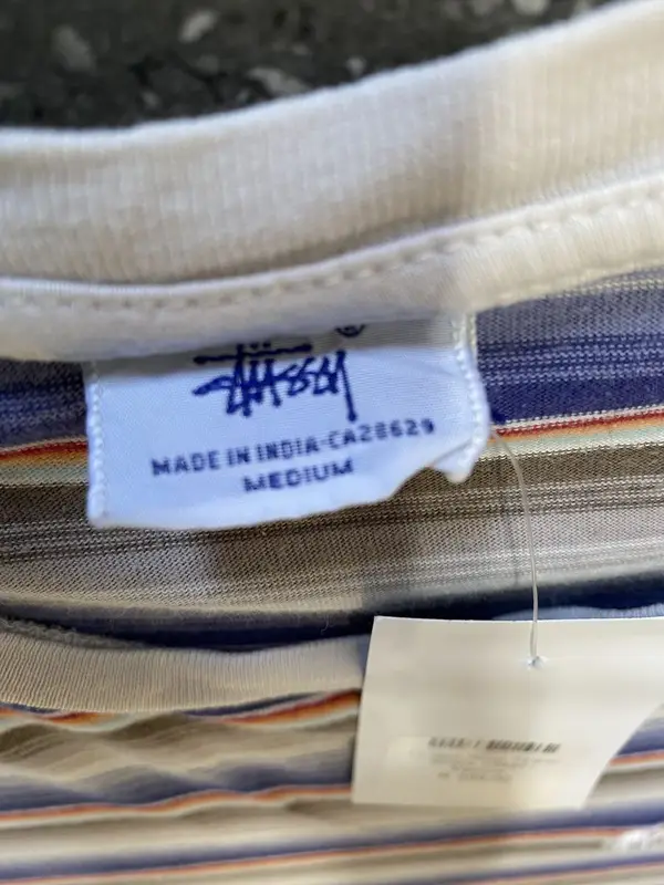 Vintage Beige & Blue Striped Stussy Tshirt - Medium