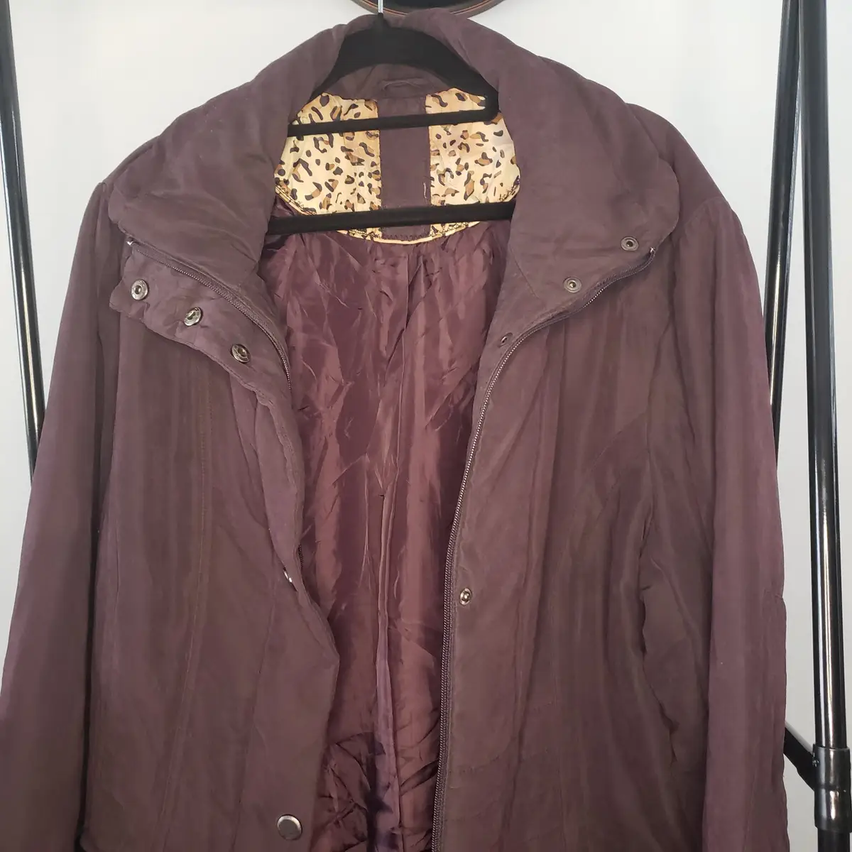 Plum Mid-Length Jacket with Leopard Print Lining