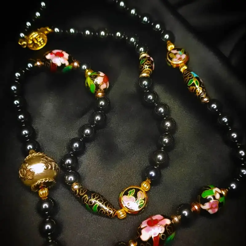 Other Vintage Hematite and Cloisonne Enamel Bead Necklace with gold tone push-in clasp
