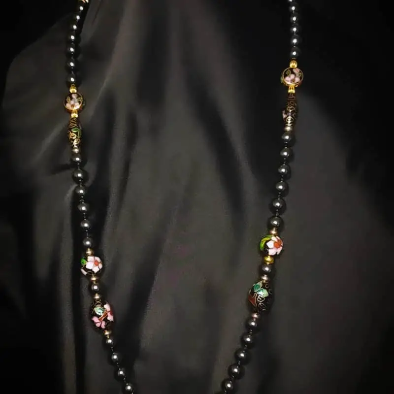 Vintage Hematite and Cloisonne Enamel Bead Necklace with gold tone push-in clasp