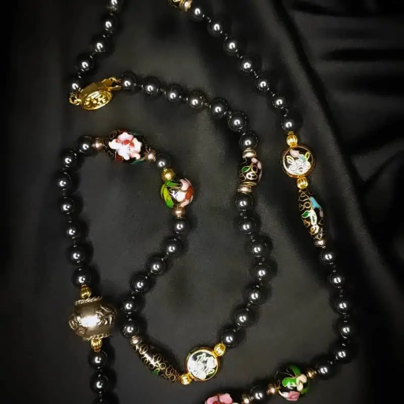 Vintage Hematite and Cloisonne Enamel Bead Necklace with gold tone push-in clasp