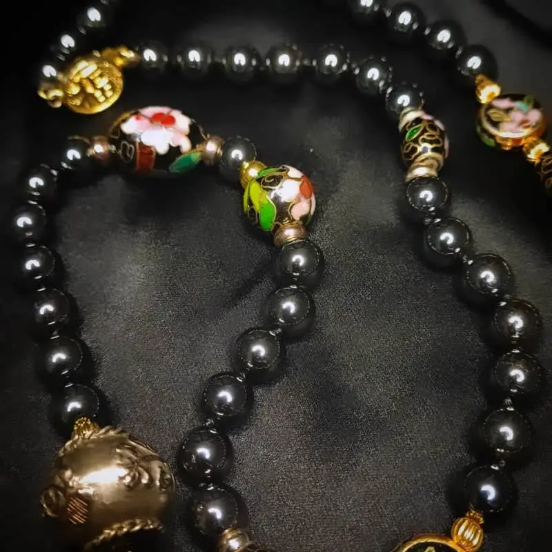 Vintage Hematite and Cloisonne Enamel Bead Necklace with gold tone push-in clasp