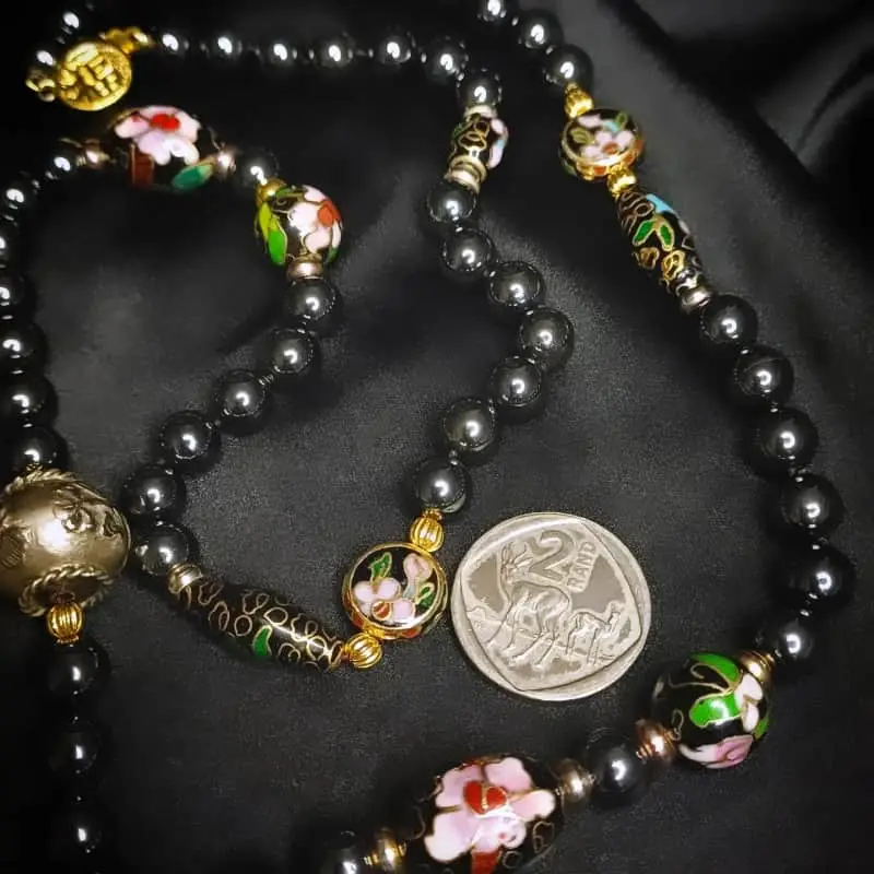 Vintage Hematite and Cloisonne Enamel Bead Necklace with gold tone push-in clasp