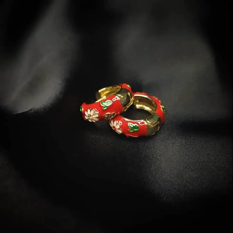 Other Red Enamel Hoop Earrings with pink and green floral design