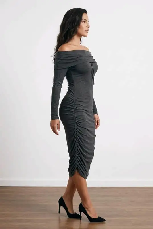 Michelle Ludek Off-The-Shoulder Ruched Midi Dress - Charcoal (Medium)