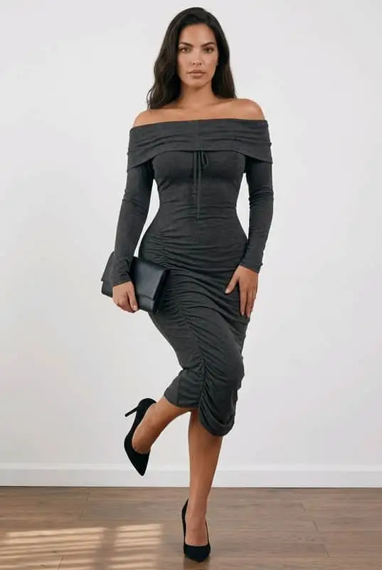 Michelle Ludek Off-The-Shoulder Ruched Midi Dress - Charcoal (Medium)