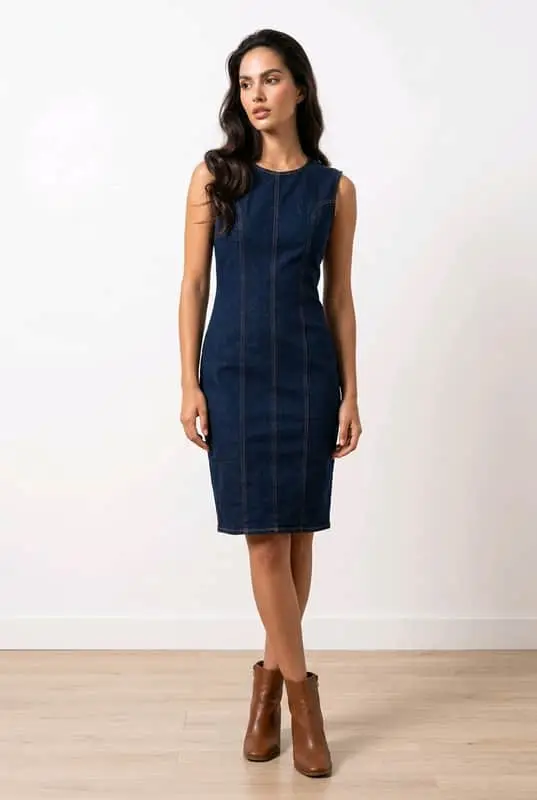 Classic and figure-hugging Oak Ridge sleeveless denim dress,