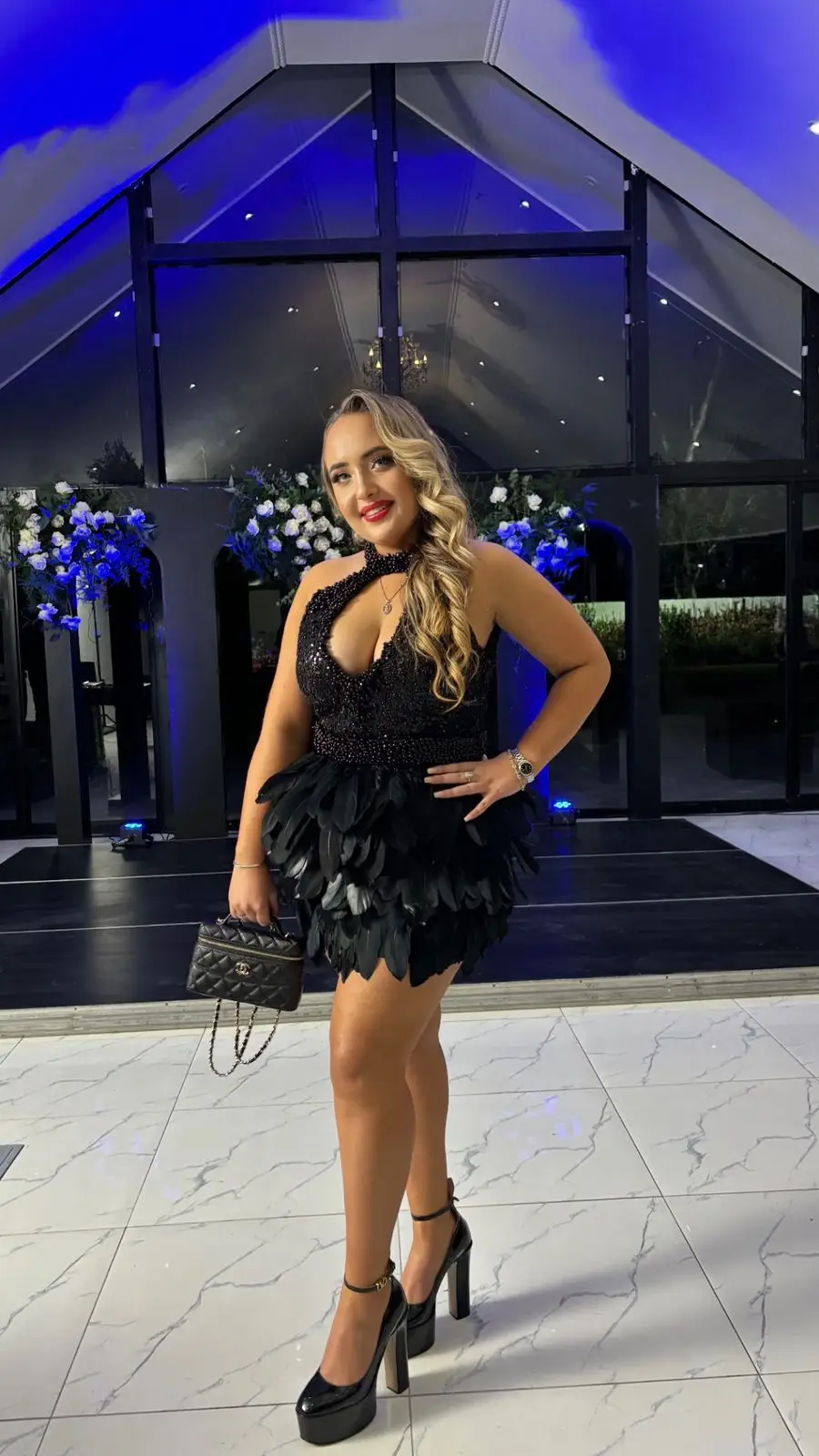 Generic Black Sequin Halter Dress with Feather Skirt
