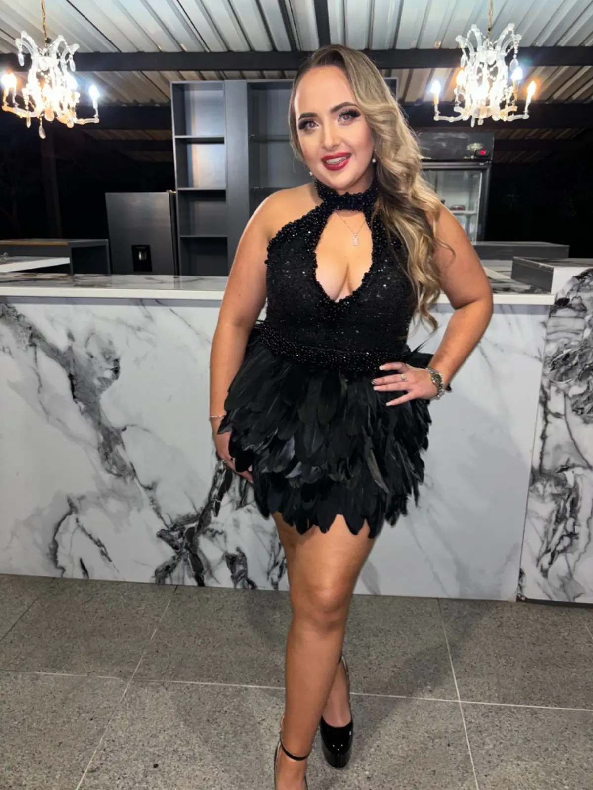 Black Sequin Halter Dress with Feather Skirt