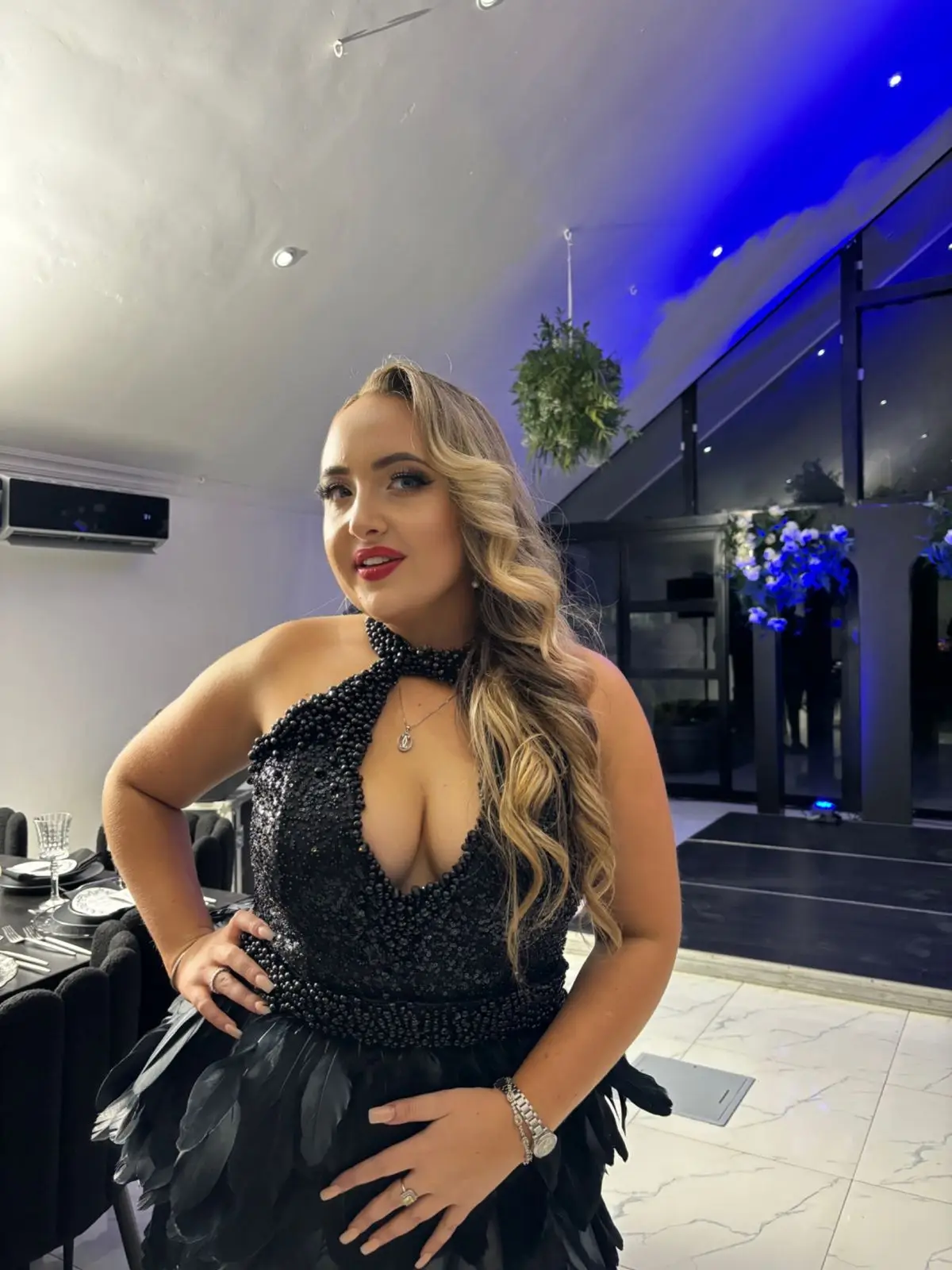 Black Sequin Halter Dress with Feather Skirt