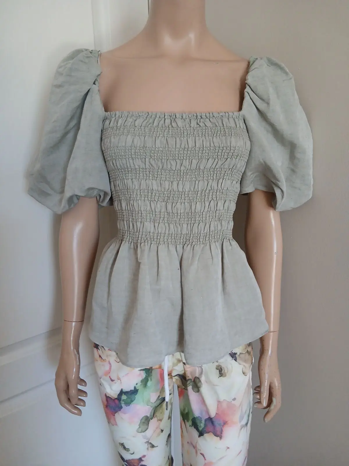 Poetry Poetry Sage Green Smocked Puff Sleeve Top