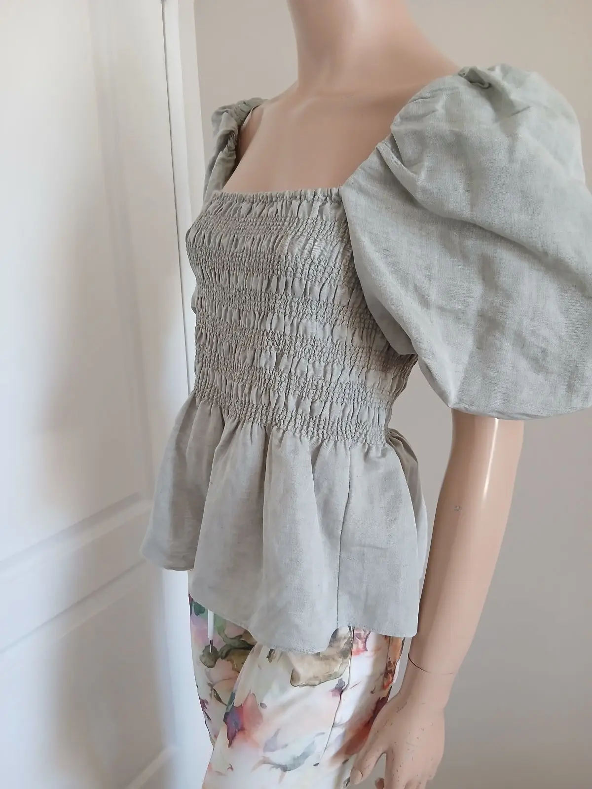 Poetry Sage Green Smocked Puff Sleeve Top