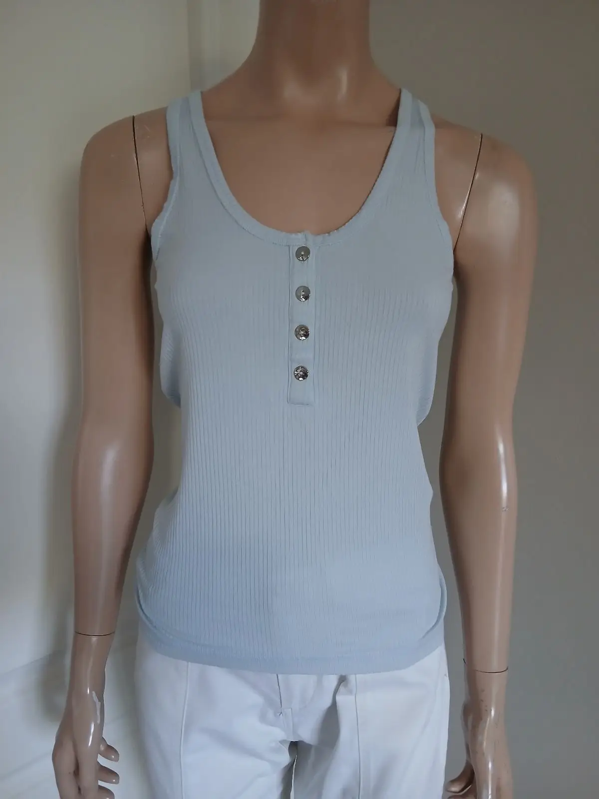Witchery Witchery Light Blue Ribbed Henley Tank Top