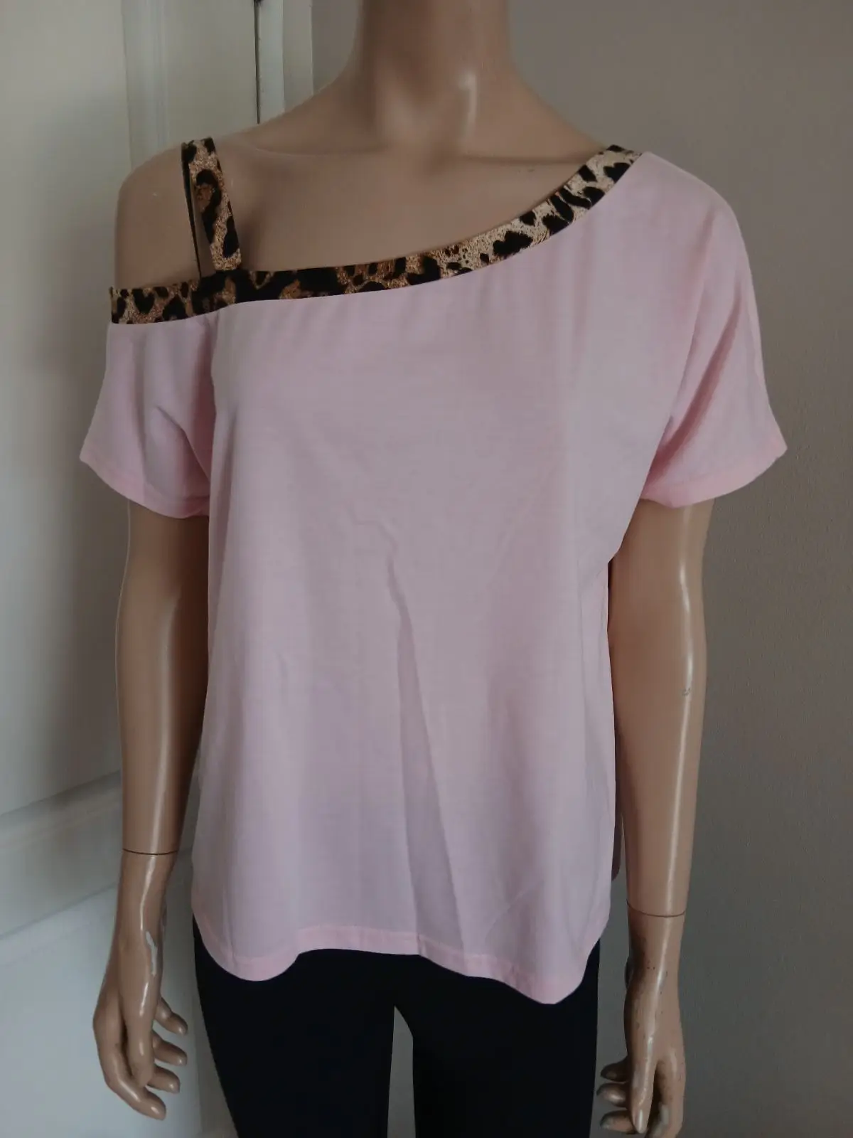 Shein Shein Pink Off-The-Shoulder Top with Leopard Trim