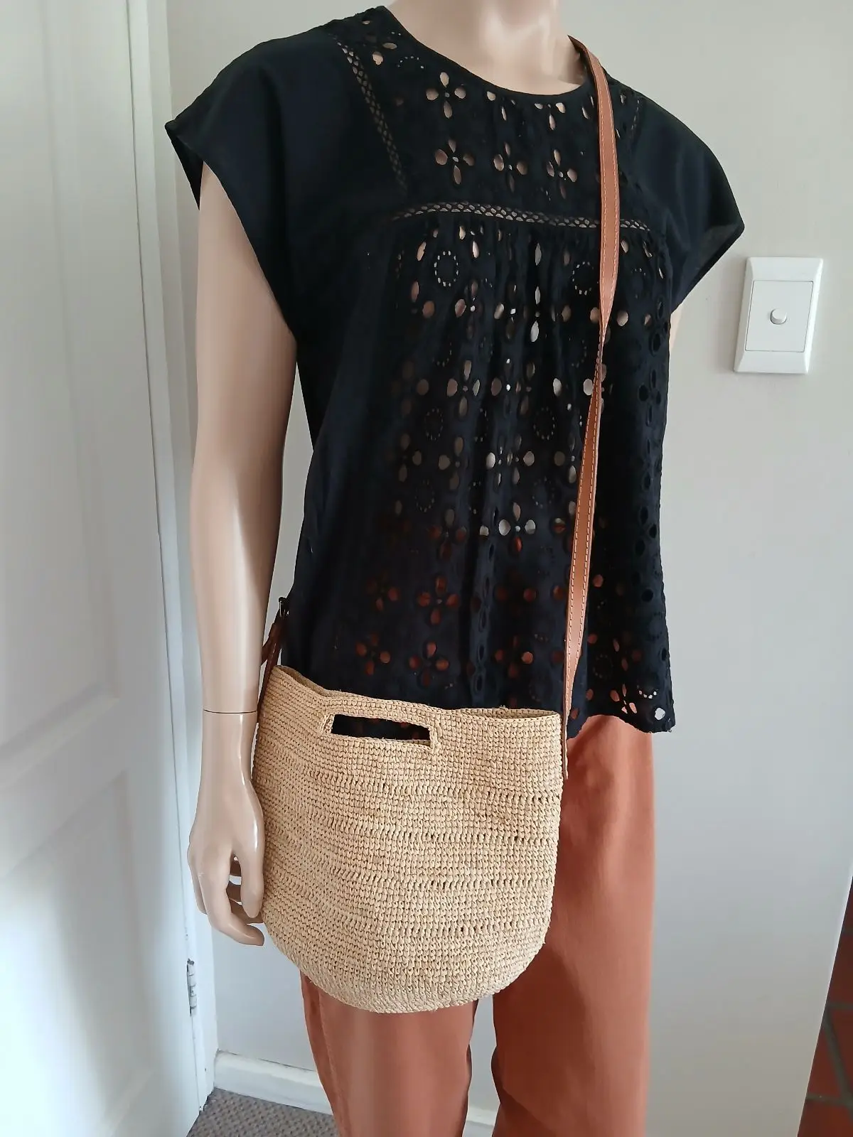 Generic Woven Straw Crossbody Bag with Tan Strap