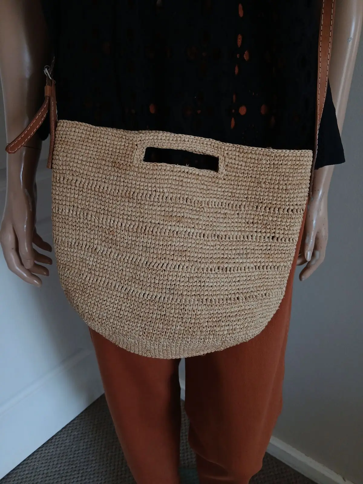 Woven Straw Crossbody Bag with Tan Strap