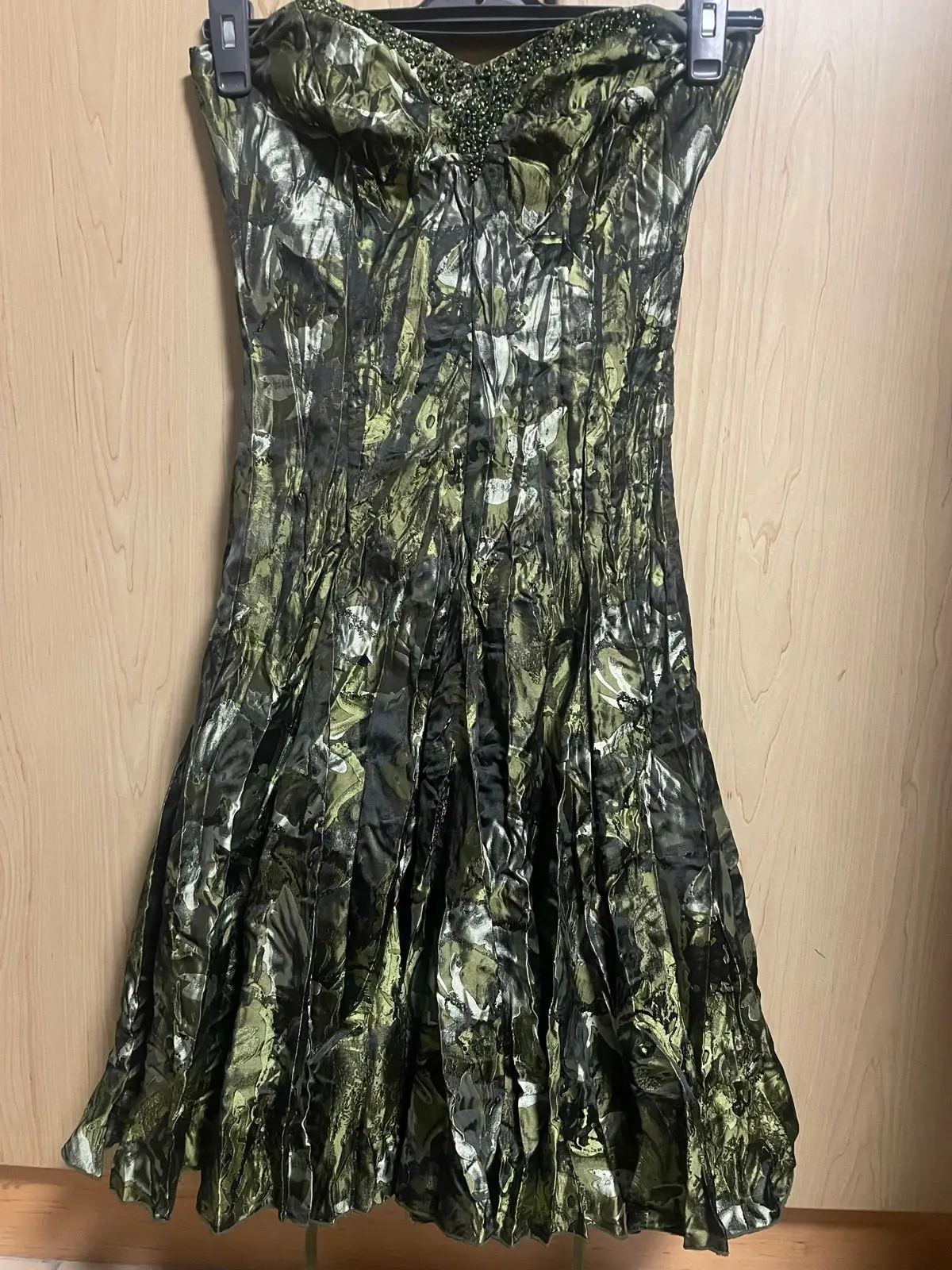 Generic Strapless Green and Black Patterned Dress with Beaded Bust