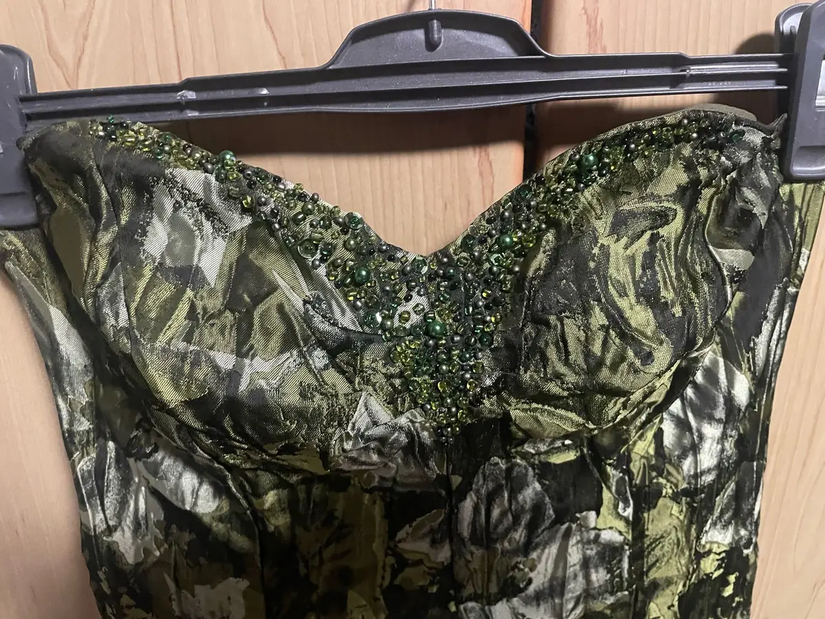 Strapless Green and Black Patterned Dress with Beaded Bust