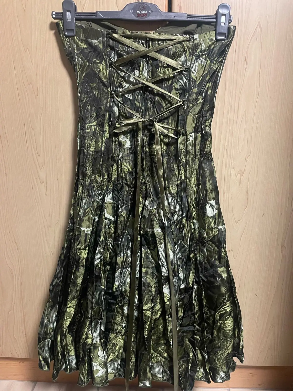 Strapless Green and Black Patterned Dress with Beaded Bust