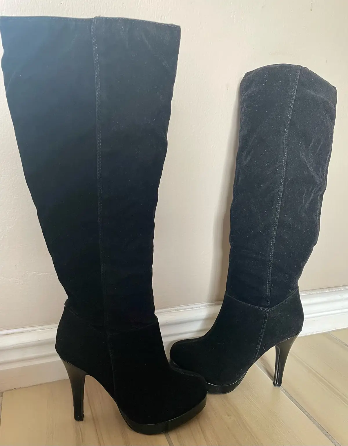 Generic Black Suede Knee-High Platform Boots