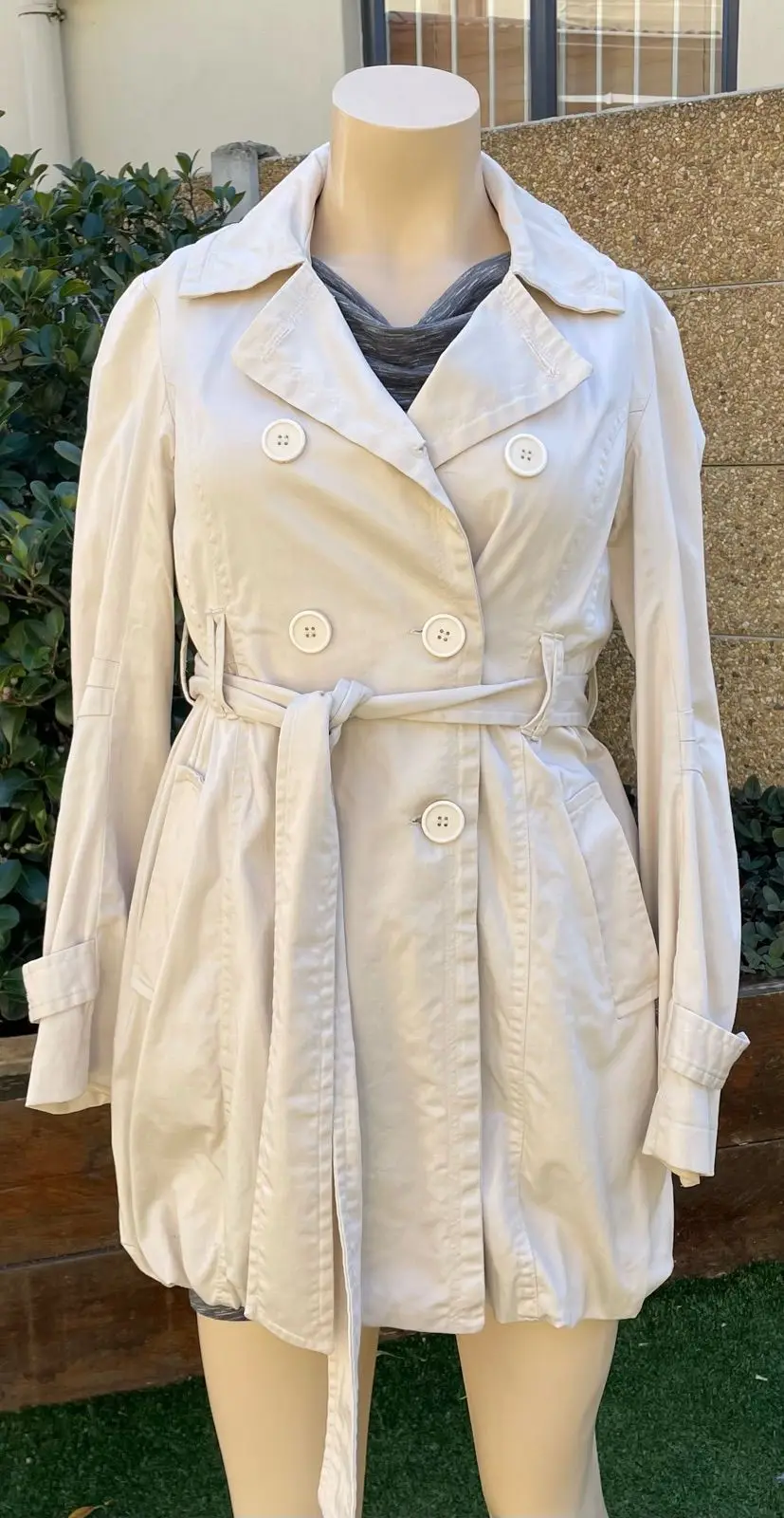 Generic Cream Double-Breasted Trench Coat with Waist Tie