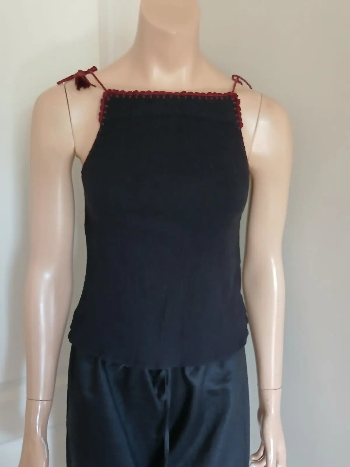 Cotton On Black Halter Top with Red Crochet Trim