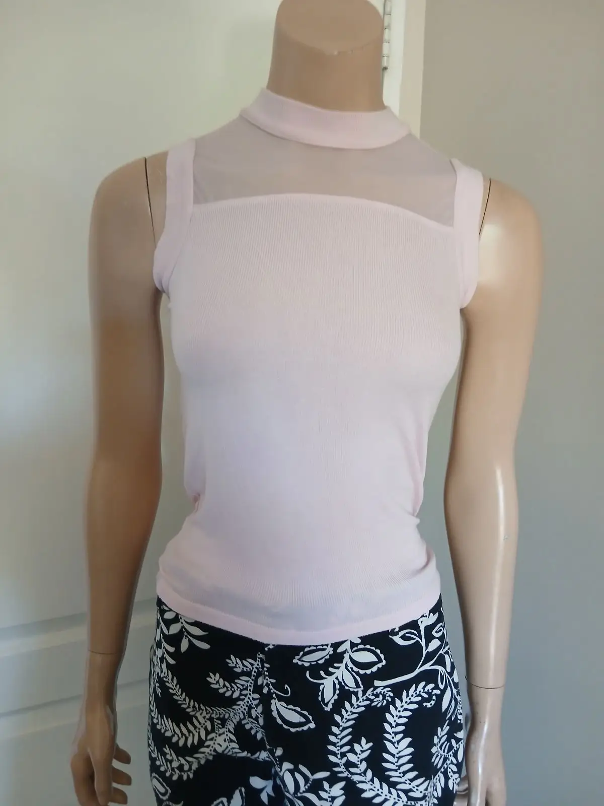 Guess Guess Pink Ribbed Sleeveless Top with Mesh Neckline