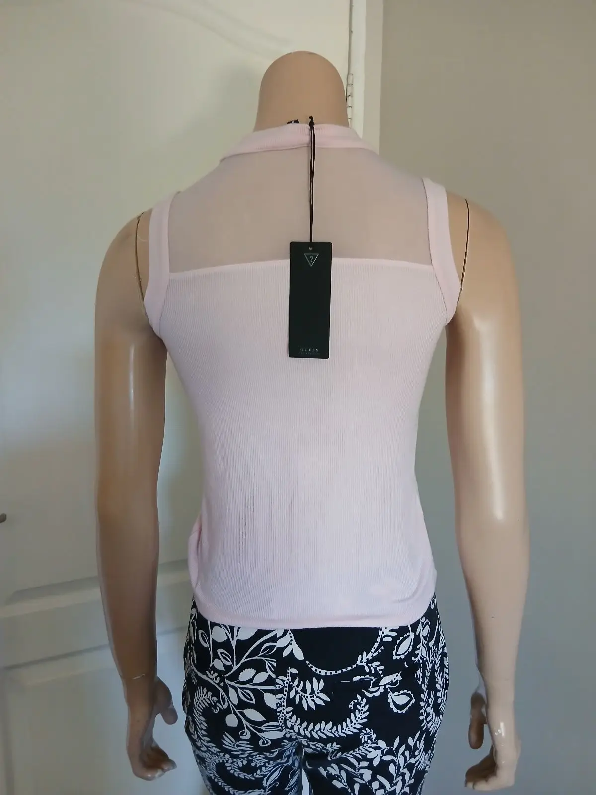 Guess Pink Ribbed Sleeveless Top with Mesh Neckline