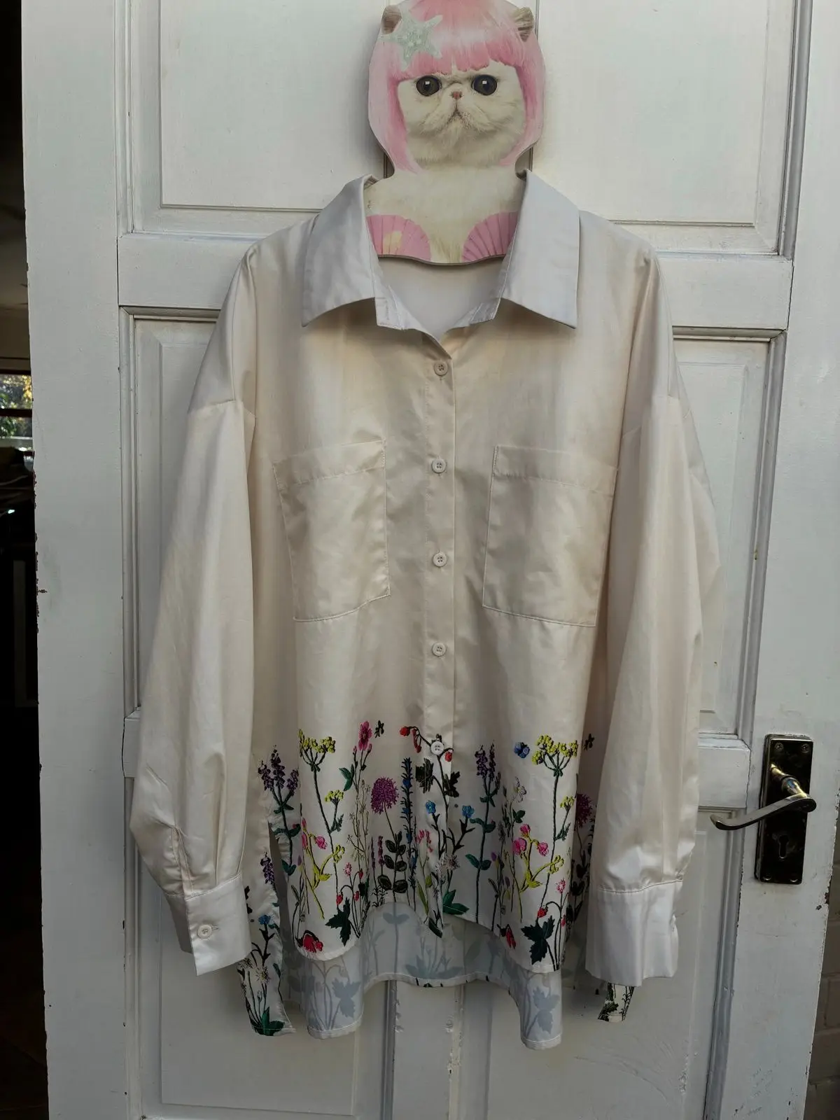 Shein Shein Cream Floral Embroidered Button-Up Shirt