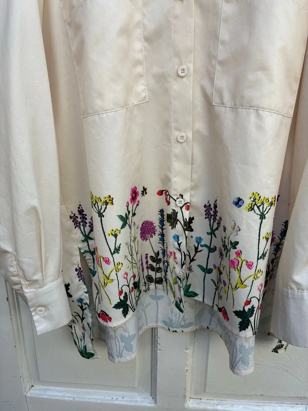 Shein Cream Floral Embroidered Button-Up Shirt