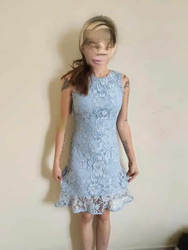 Ackermans Kelso Petite Size 10 baby blue knee high dress, with baby blue floral lace