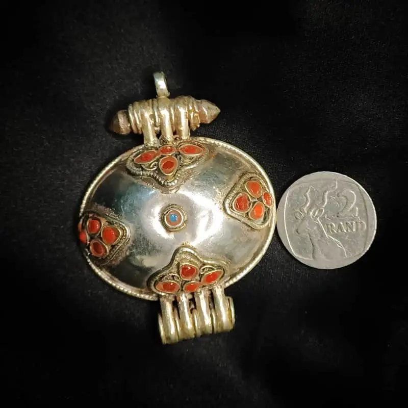 Vintage Tibetan Gau Prayer Box Amulet with Coral and Turquoise stone