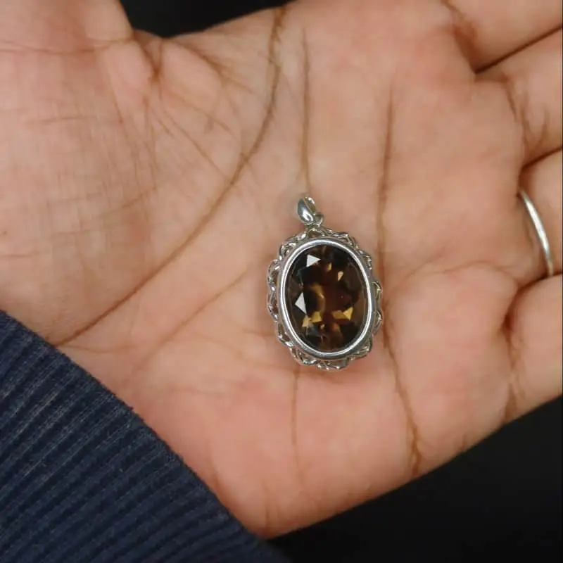 Other Sterling Silver Oval Cut Faceted Smoky Quartz Crystal Pendant