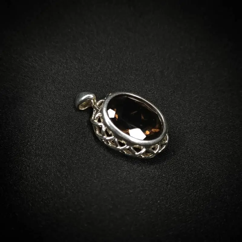 Sterling Silver Oval Cut Faceted Smoky Quartz Crystal Pendant