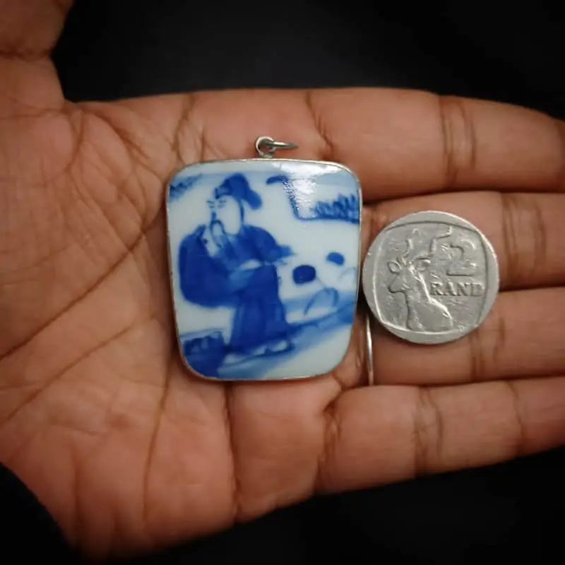 Vintage Handpainted Porcelain Tile Encased in Sterling Silver