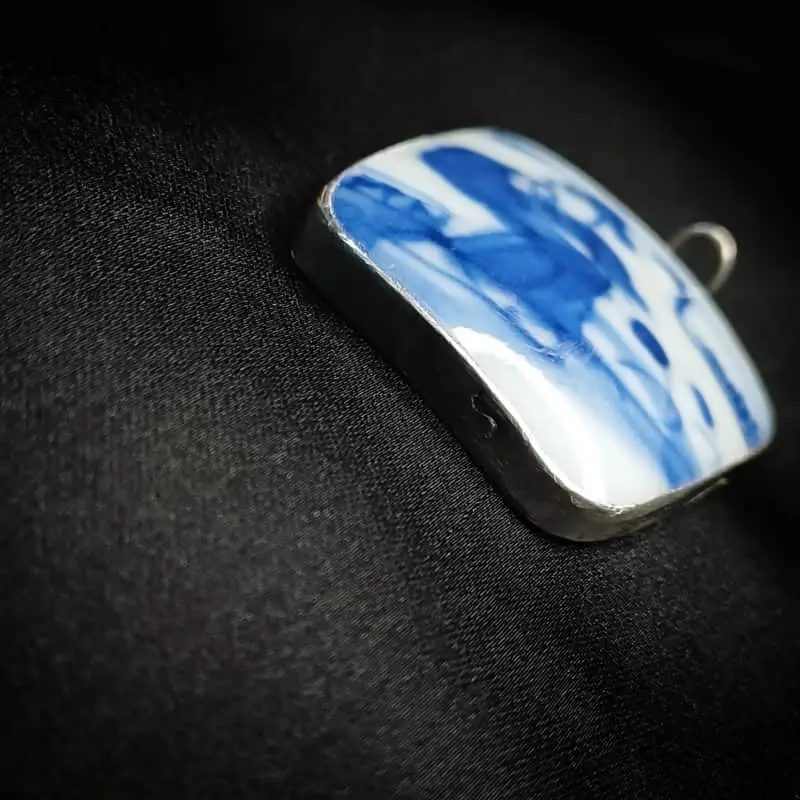 Vintage Handpainted Porcelain Tile Encased in Sterling Silver