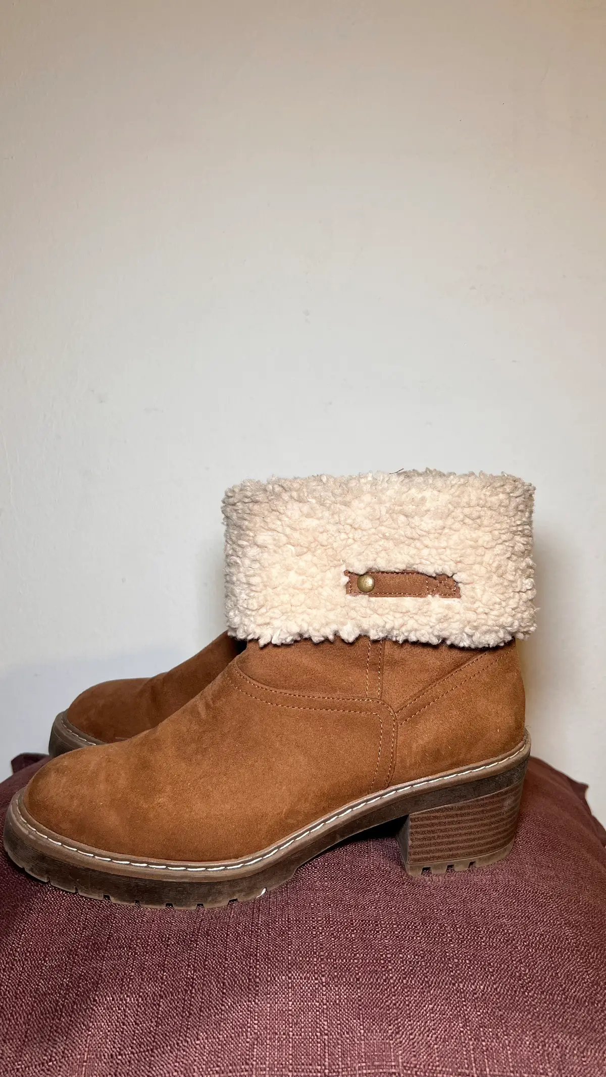 Brown and cream fleece, faux suede boot