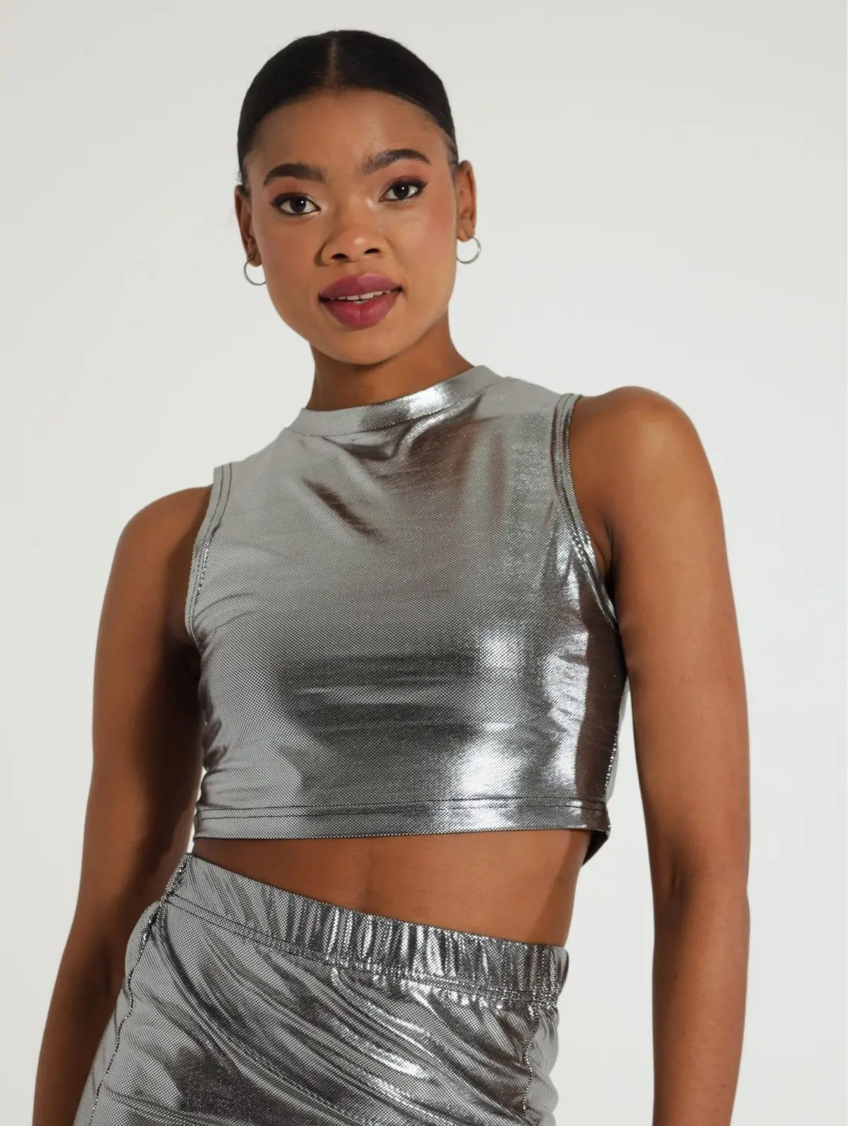 Edgars Metallic Silver High Neck Crop Top
