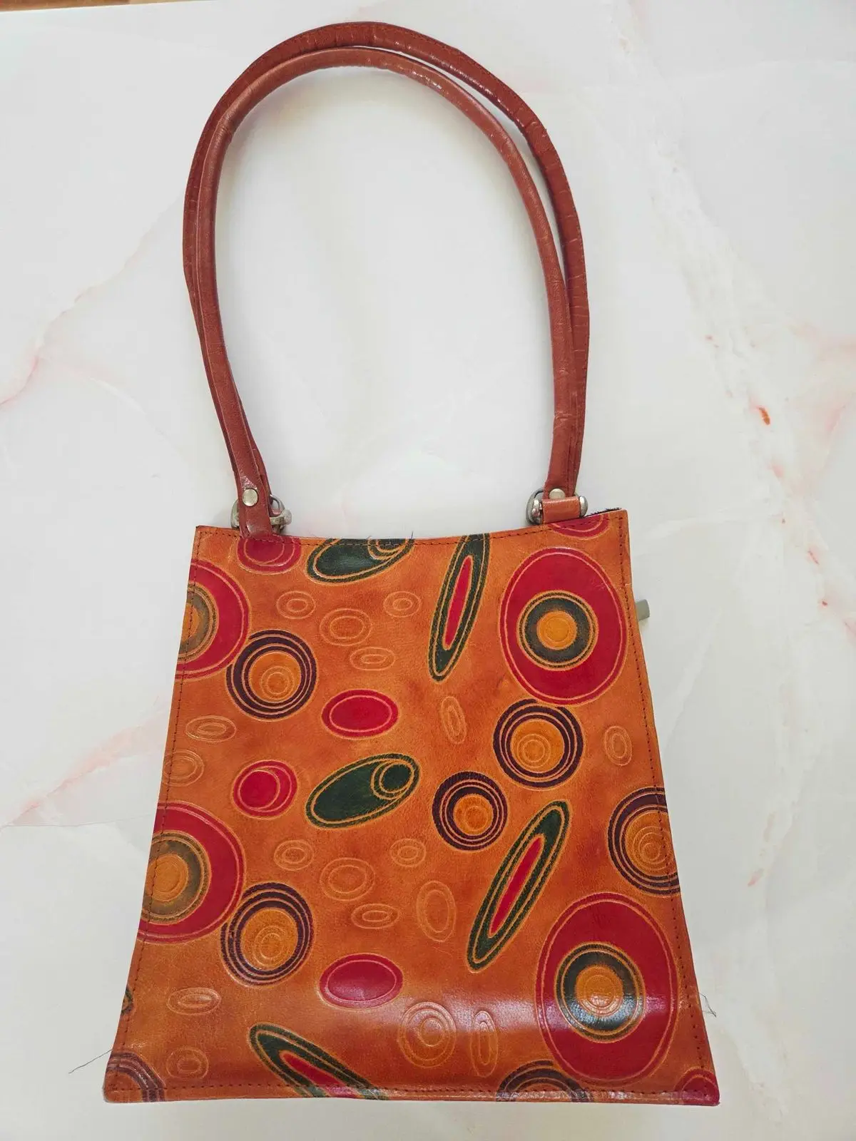 Generic Vintage Orange Leather Handbag with Geometric Circle Pattern