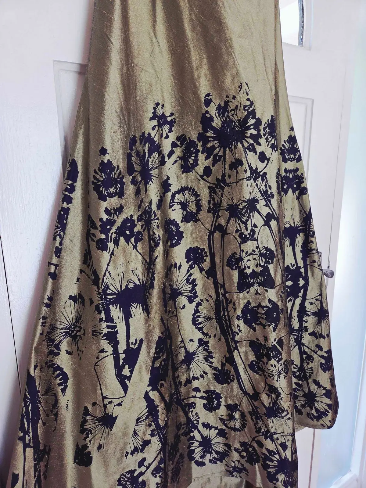 One-Shoulder Gold Maxi Dress with Black Floral Print