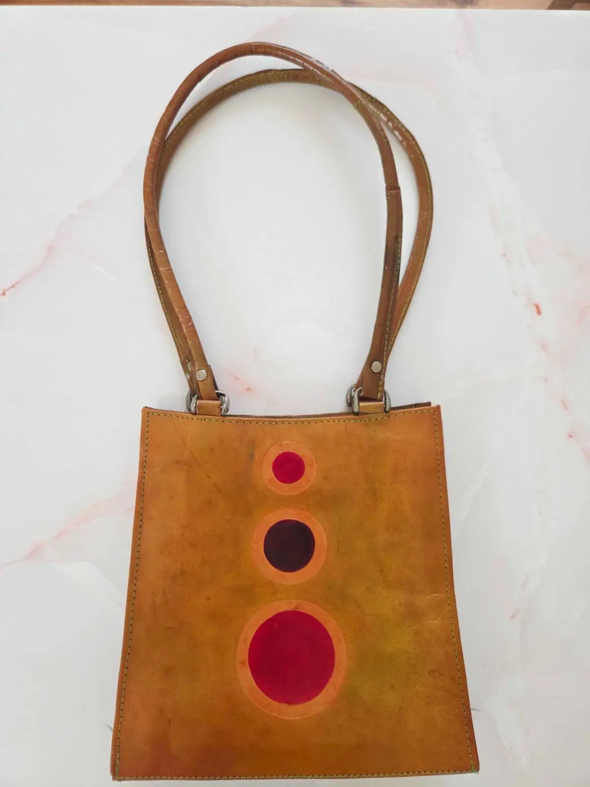 Generic Vintage Tan Leather Shoulder Bag with Circle Details