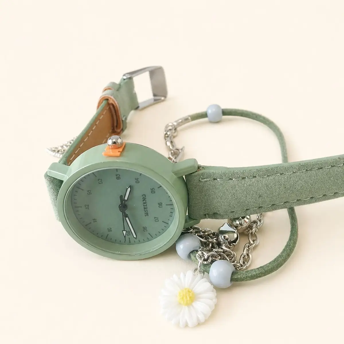 Generic Sage Green Analog Watch with Daisy Charm Bracelet Set