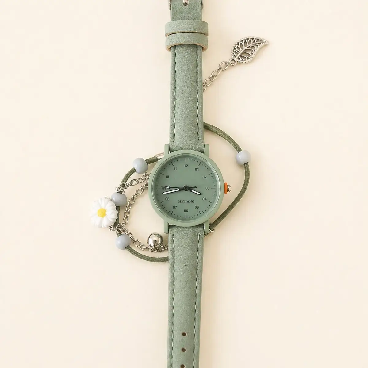 Sage Green Analog Watch with Daisy Charm Bracelet Set