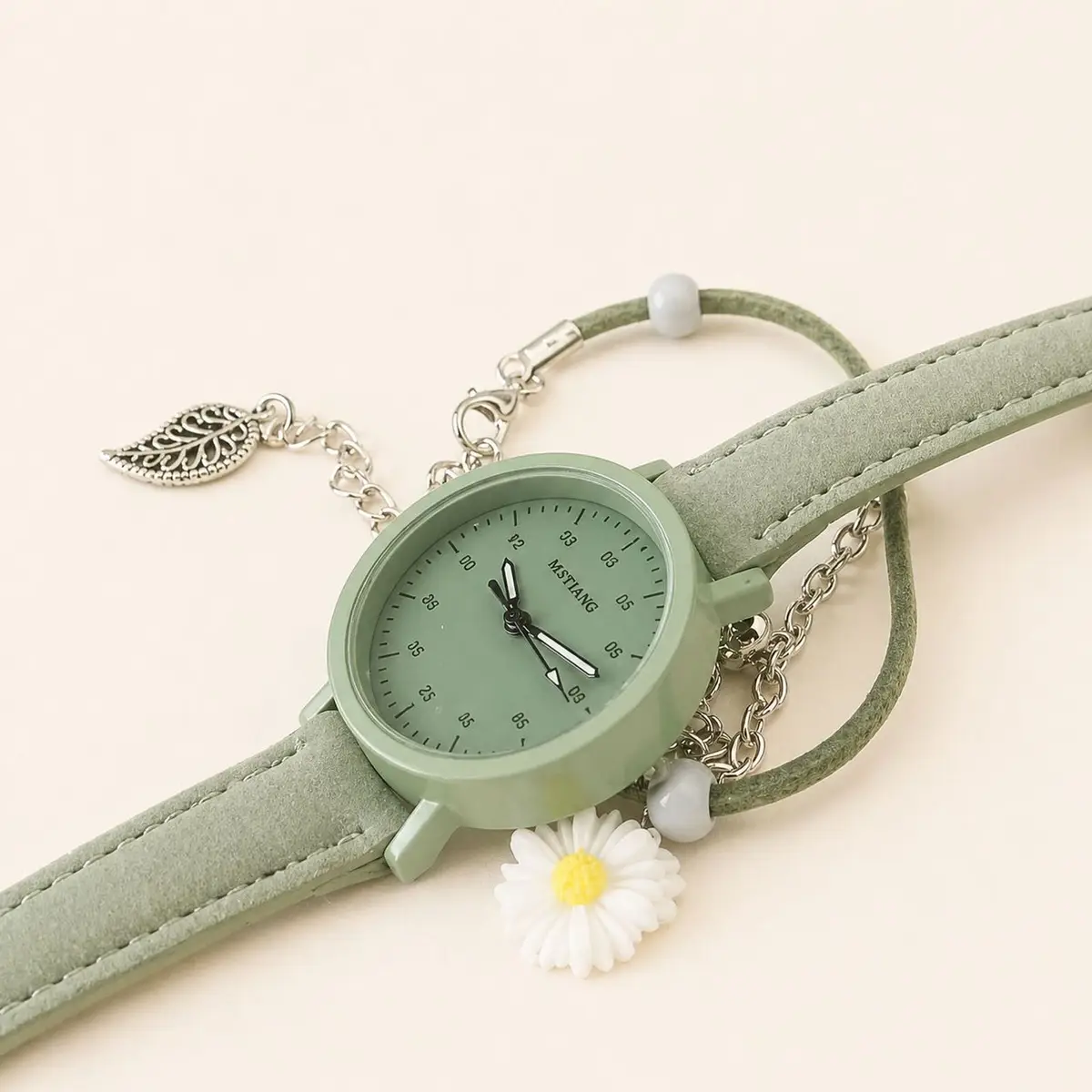 Sage Green Analog Watch with Daisy Charm Bracelet Set