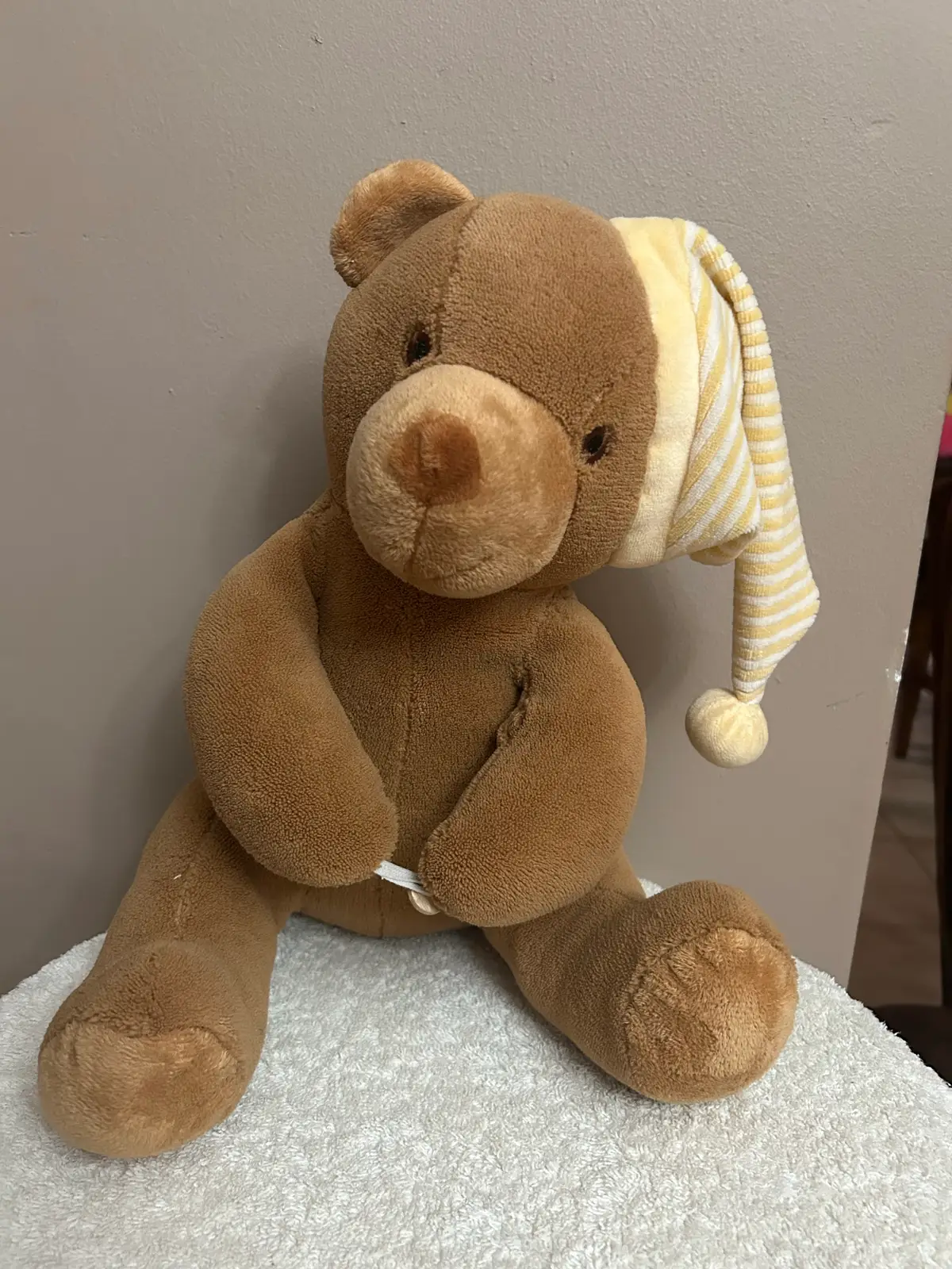 Plush Brown Teddy Bear with Striped Nightcap