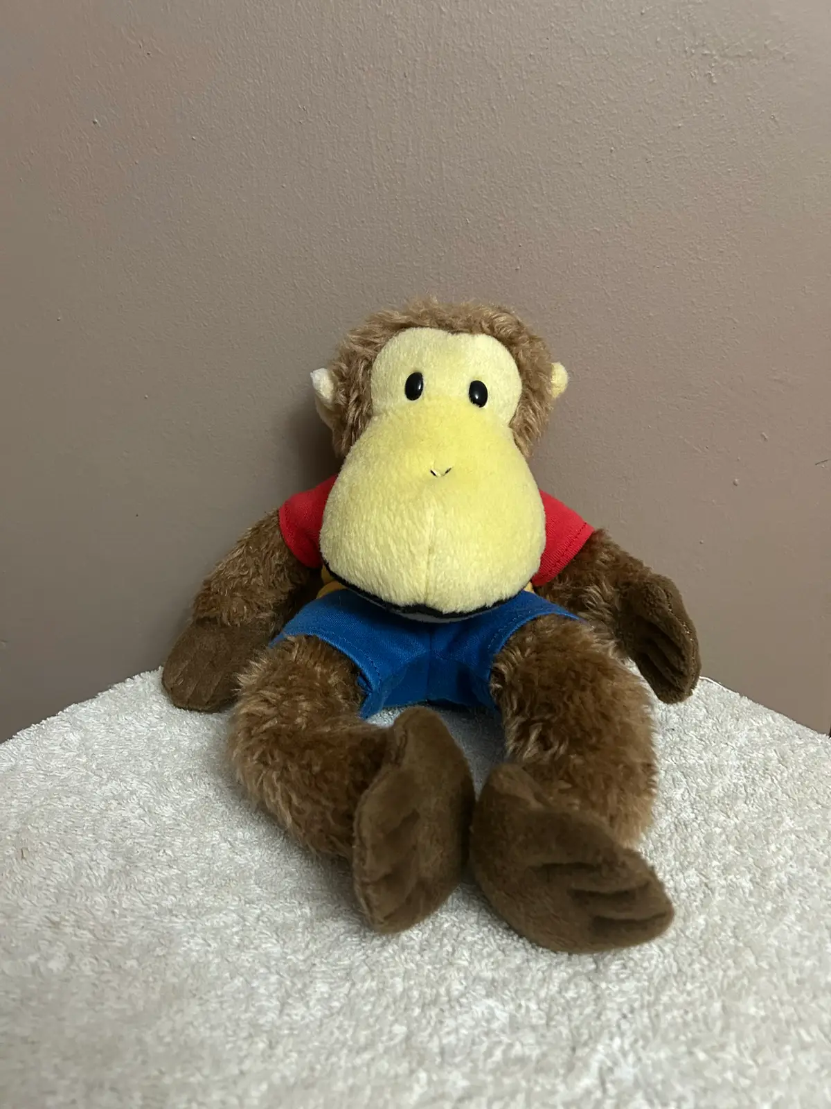 Plush Monkey Toy in Red Shirt and Blue Shorts