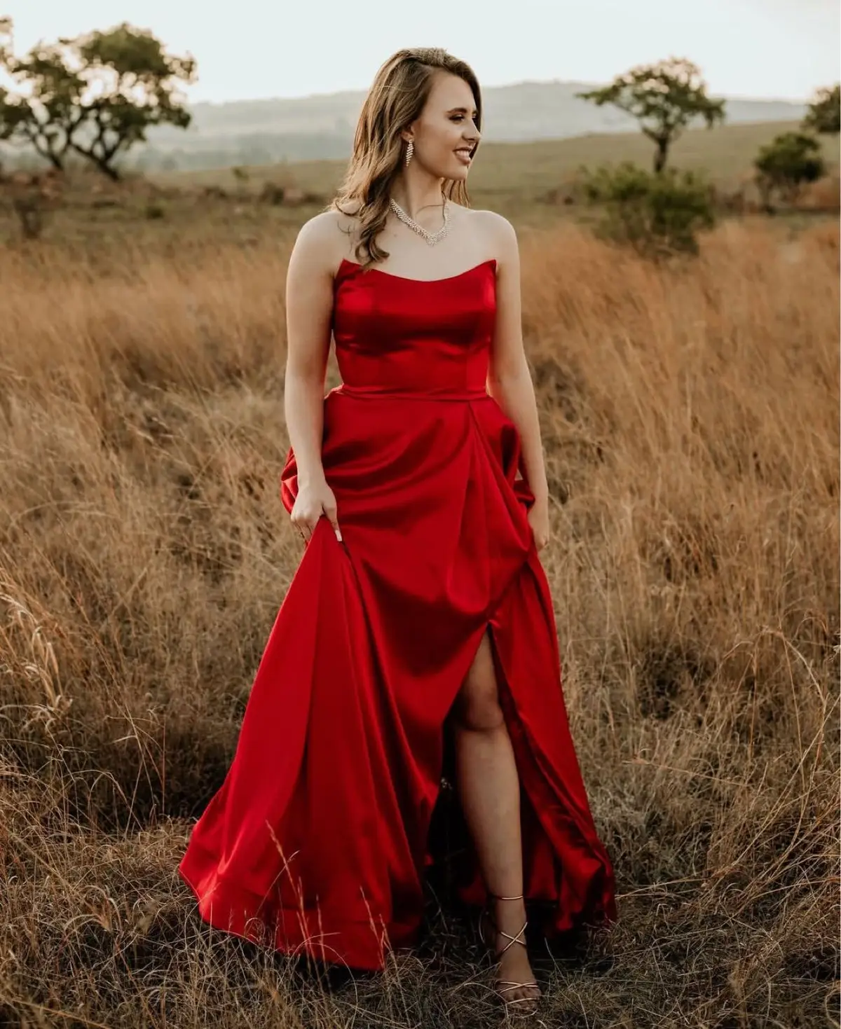 Generic Red Strapless Satin Evening Gown with Leg Slit
