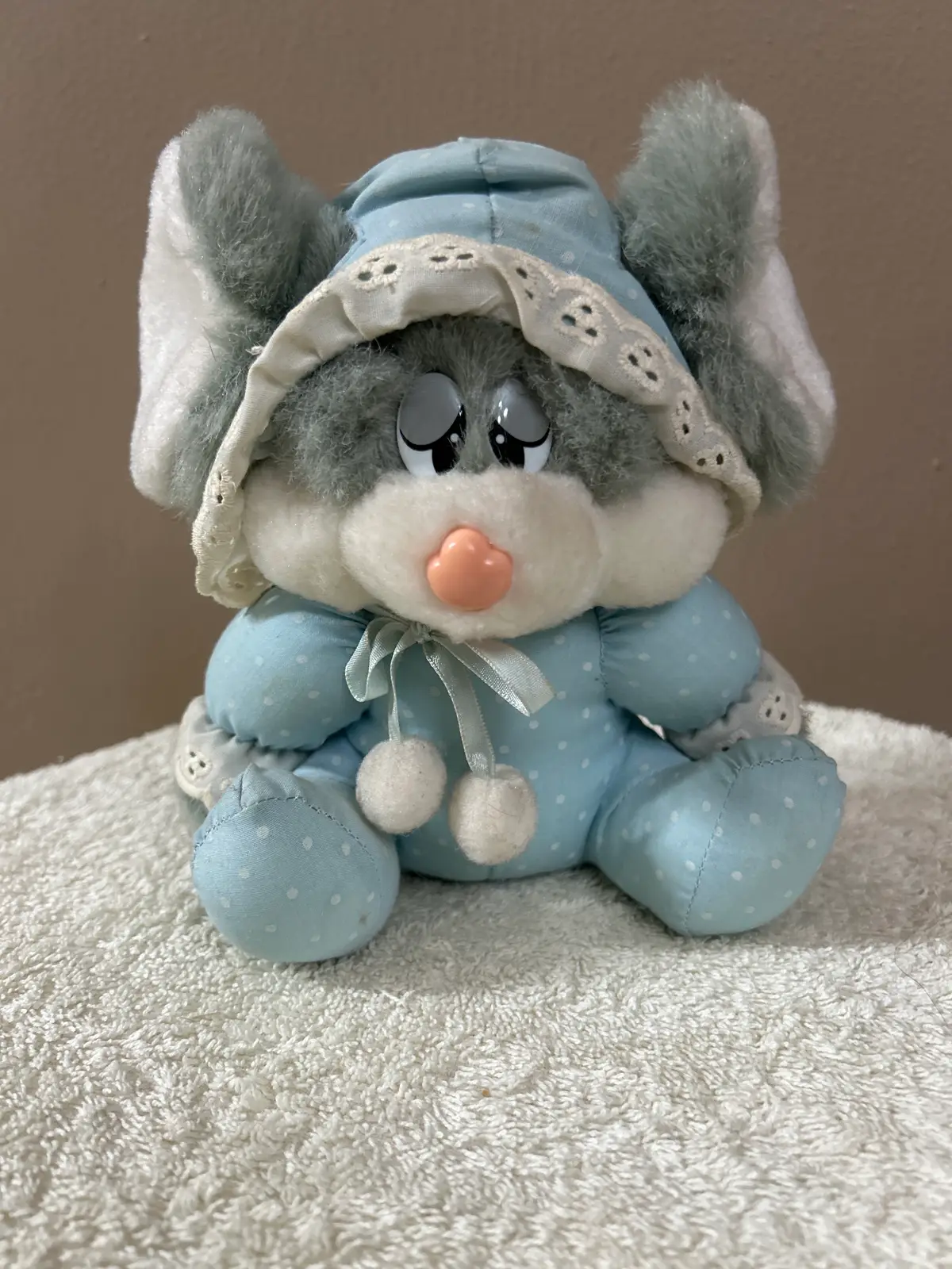 Vintage Plush Mouse Toy in Blue Polka Dot Pajamas